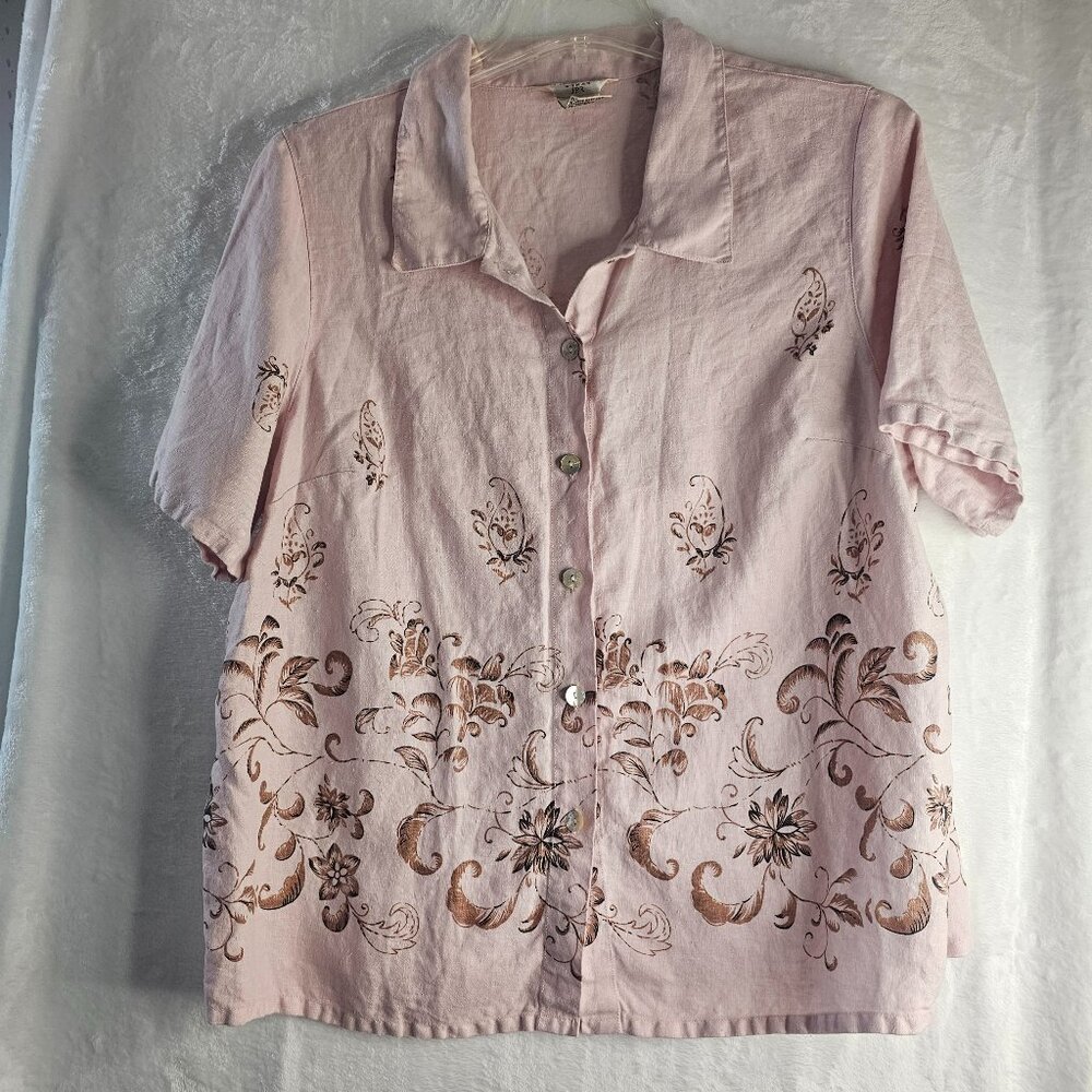 Outfit Woman JPR 100% Linen Pink Top Shirt Short Sleeve Floral Print 1X Collared